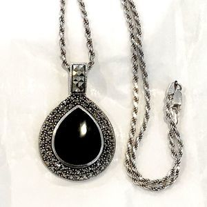 Vintage Onyx Marcasite and Sterling Silver Tear Drop Shaped Pendant Necklace